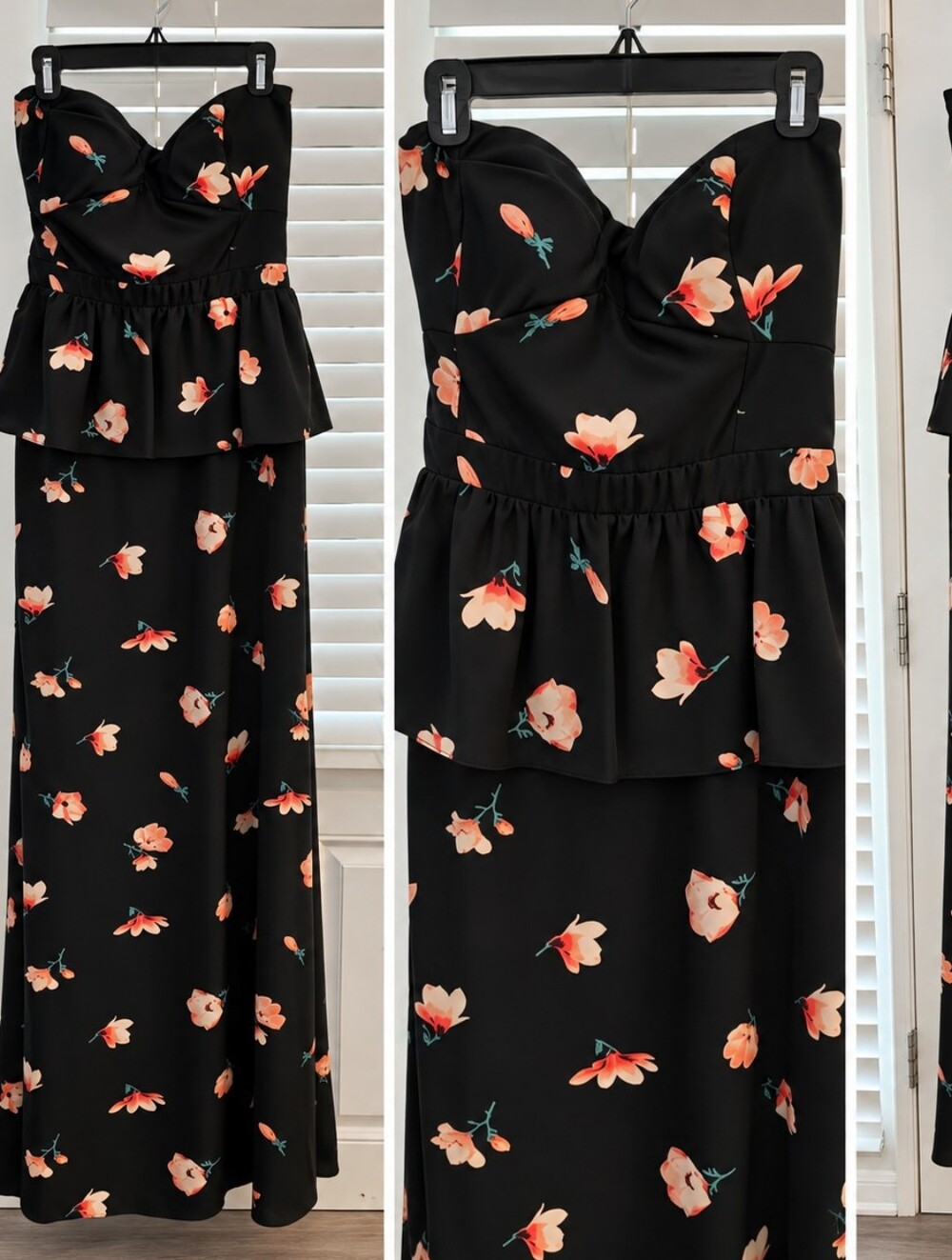 MM Couture Black Strapless Peplum Maxi Dress with Peach Floral Print
